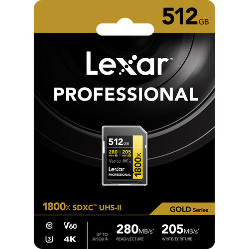 Lexar 512GB Professional 1800x UHS-II SDXC Memory Card (GOLD Series)